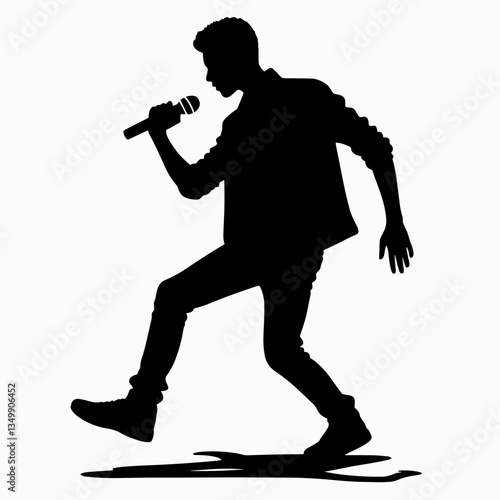 Dynamic male silhouette, singing with passion into a microphone on stage, copy space