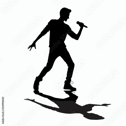 Energetic male silhouette, singing expressively into a microphone on stage, copy space