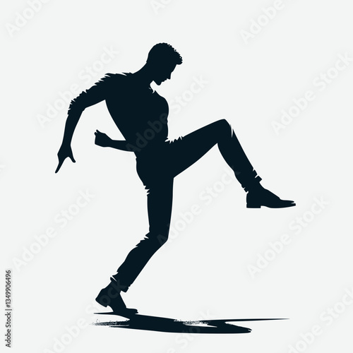 Stylish male silhouette, dancing confidently in a bright background, copy space