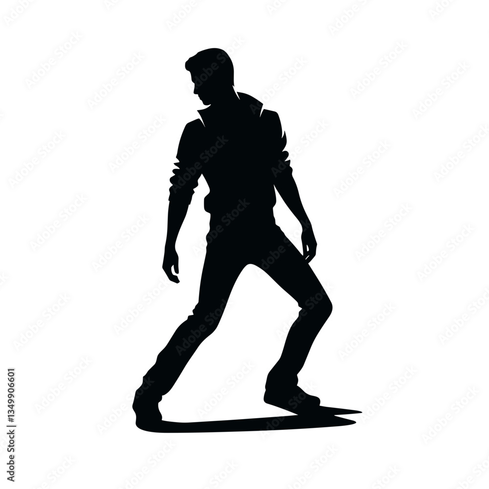 Fototapeta premium A confident male silhouette, a spectacular dynamic pose in a stylish outfit on a transparent background, copy space