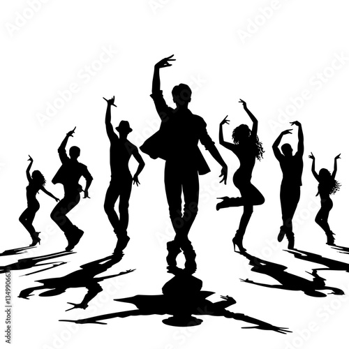 Vibrant group silhouettes, dancing together joyfully with dynamic poses on a transparent background, copy space