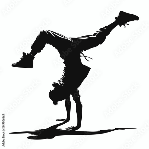 Acrobatic male silhouette, performing a handstand with skill in a bright background, copy space