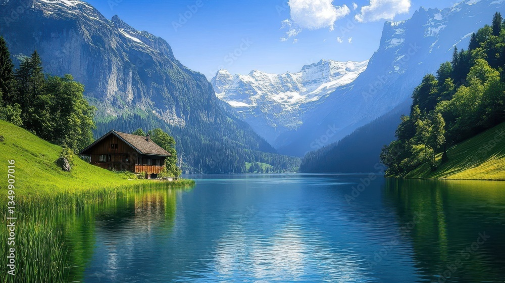 Fototapeta premium Tranquil Lake Scene Surrounded by Majestic Mountains and Greenery