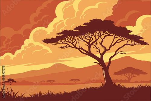 61 African savanna sunset, lone acacia tree silhouette, dramatic fiery sky, golden hour, expansive plains, distant hills, atmospheric clouds, vibrant orange and red hues, serene landscape, nature phot