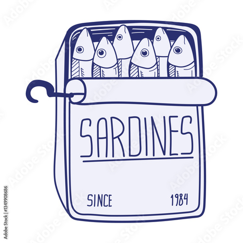 An illustration of a vintage hand drawn can of sardines. Canned fish print.