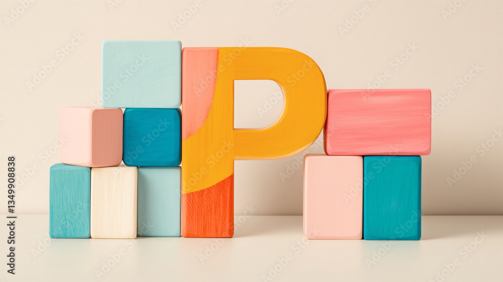 Obraz premium Brightly colored wooden blocks are stacked in unique arrangements, showcasing a large letter P in vivid yellow. Soft pastel shades create a playful atmosphere