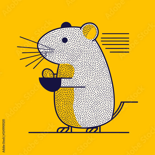 Cute Illustrated Mouse Character with a Bowl on Yellow Background