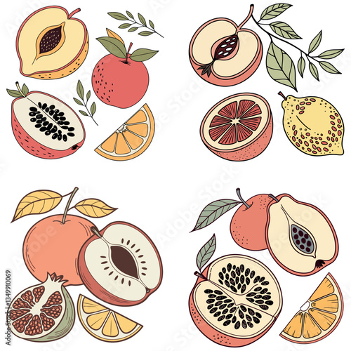 Fruit artwork for for t shirt and poster. Peach graphic print art. Orange fruit print. Fresh apple fruit print. Pomegranate fruit artwork. Nature lemon design vector illustration