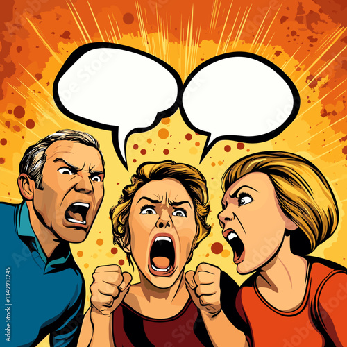 Family conflicts shown in a pop art style with three angry people shouting

