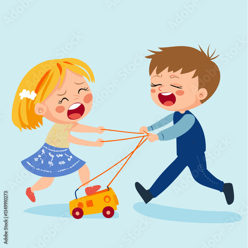 Family conflicts shown through children fighting over a toy

