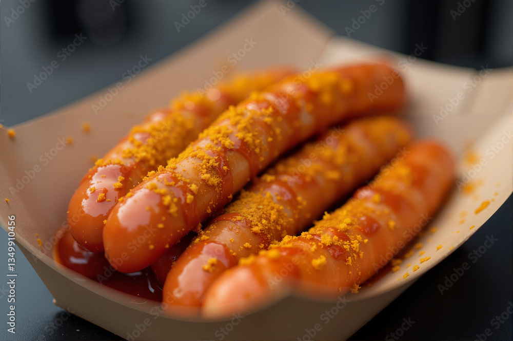 Close-up of currywurst, sausage, curry, ketchup, street food Close-up of currywurst, sausage, curry, ketchup, street food