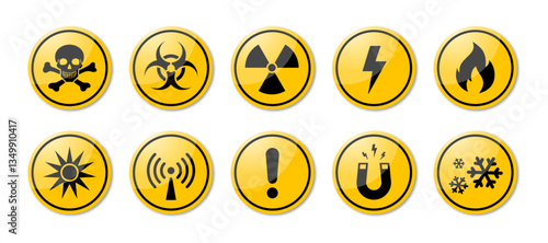 Warning hazard, caution, danger, disaster alert signboard icons set in black and yellow color circle with shiny effect. Hazard icon vector set. Set of danger symbols. Safety signs collection.