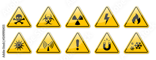 Warning hazard, caution, danger and alert icons set in black and yellow color triangle with shiny effect. Set of isolated hazardous symbols on yellow round triangle board warning sign. Vector art