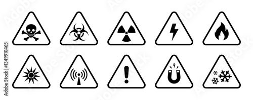 Hazard, caution, alert and danger signboard icons set in black and white triangle. Triangular warning hazard set. Set of hazard warning signs. Black and white triangle warning safety and caution sign.