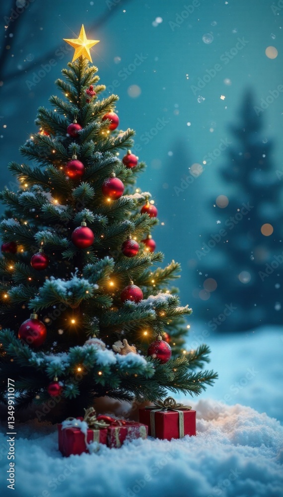 Obraz premium Evergreen Christmas tree in festive winter landscape with colorful ornaments and twinkling lights , holiday season, lights