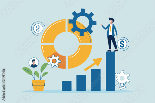 Balanced scorecard measuring performance from financial, customer, process, learning and growth, KPI key performance indicator, efficiency concept, businessman with balanced scorecard chart diagram.