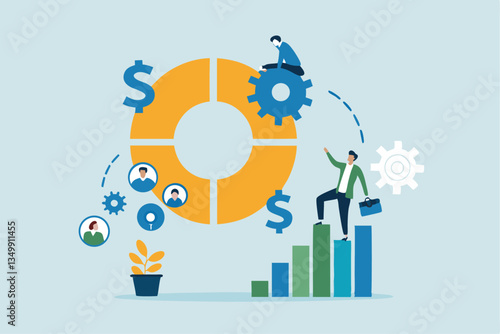 Balanced scorecard measuring performance from financial, customer, process, learning and growth, KPI key performance indicator, efficiency concept, businessman with balanced scorecard chart diagram.