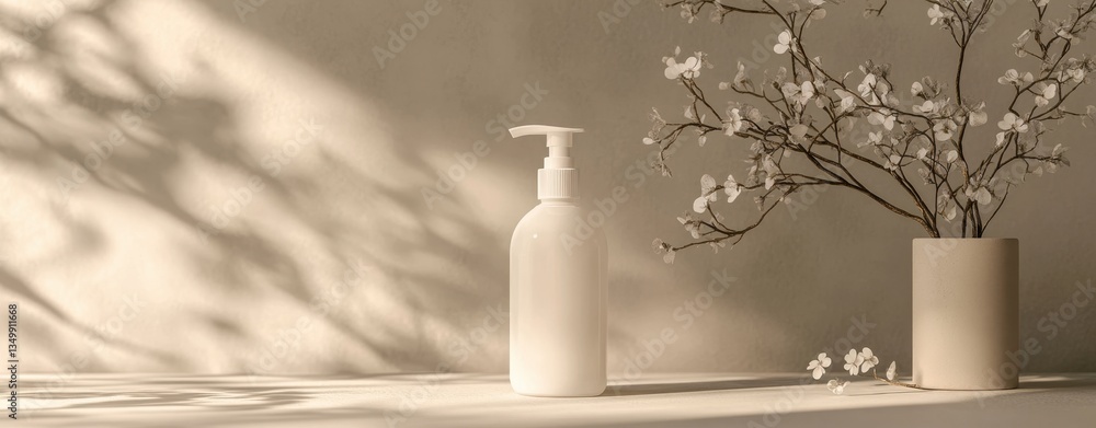 Minimalist Spa Still Life: A serene spa scene with a lotion bottle and delicate blossoms in a vase, cast in gentle sunlight, evoking a sense of tranquility and self-care. Minimalist Spa Still Life: A serene spa scene with a lotion bottle and delicate blossoms in a vase, cast in gentle sunlight, evoking a sense of tranquility and self-care.