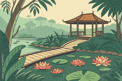 63 Tropical garden paradise, serene lily pond, wooden walkway, lush green foliage, exotic plants, tranquil water reflections, dappled sunlight, vibrant flowers, traditional Asian pavilion, zen atmosph