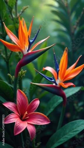 Exotic flowers blooming amidst ferns and vines, exotic plants, greenery, natural habitat