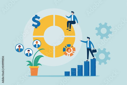 Balanced scorecard measuring performance from financial, customer, process, learning and growth, KPI key performance indicator, efficiency concept, businessman with balanced scorecard chart diagram.