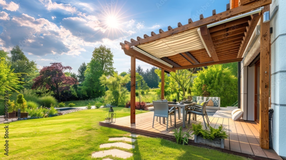 Fototapeta premium Pergola house terrace with green garden and dining table in sunny day. AI generated image