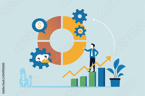 Balanced scorecard measuring performance from financial, customer, process, learning and growth, KPI key performance indicator, efficiency concept, businessman with balanced scorecard chart diagram.