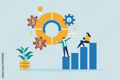 Balanced scorecard measuring performance from financial, customer, process, learning and growth, KPI key performance indicator, efficiency concept, businessman with balanced scorecard chart diagram.
