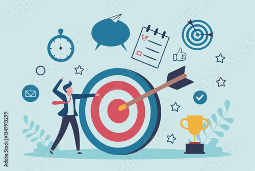 Goals setting, target achievement, focus on success outcome, planning to reach target bullseye, measurable result or clarity motivation concept, businessman with target bullseye and goal elements.
