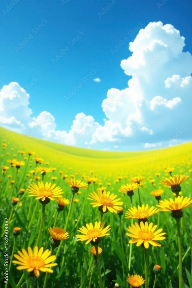 Obraz premium Field of vibrant yellow dandelions against a brilliant blue sky with fluffy white clouds , flowers in field,