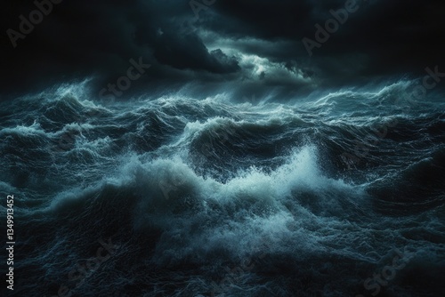 Violent ocean waves during a stormy night.