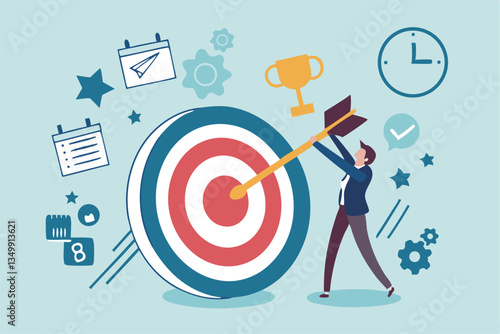 Goals setting, target achievement, focus on success outcome, planning to reach target bullseye, measurable result or clarity motivation concept, businessman with target bullseye and goal elements.