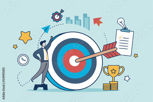 Goals setting, target achievement, focus on success outcome, planning to reach target bullseye, measurable result or clarity motivation concept, businessman with target bullseye and goal elements.