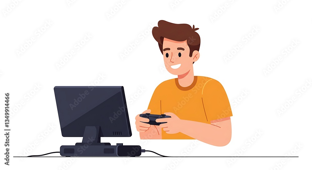 Young Man Playing Video Game with Controller in a Modern Setting Young Man Playing Video Game with Controller in a Modern Setting