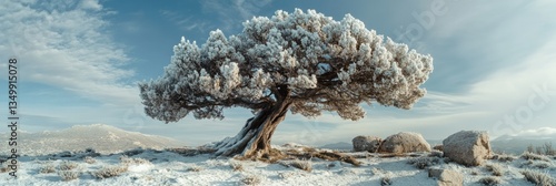 Old tree with snow on its branches in a winter landscape.