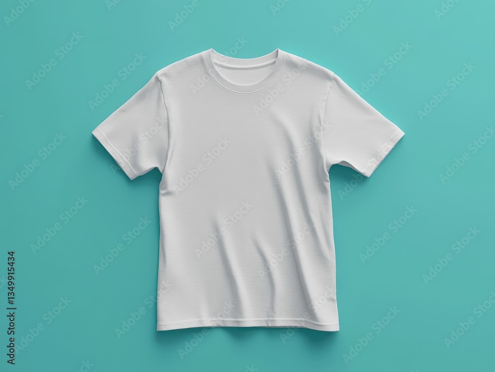 Blank Canvas: A crisp, white t-shirt rests smoothly against a teal backdrop, presenting a blank canvas for creativity, perfect for apparel design. Blank Canvas: A crisp, white t-shirt rests smoothly against a teal backdrop, presenting a blank canvas for creativity, perfect for apparel design.