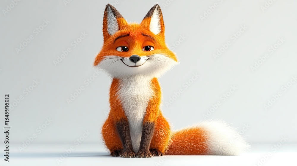 Obraz premium Charming cartoon fox with fluffy fur and a friendly expression sitting on a white background in a playful pose