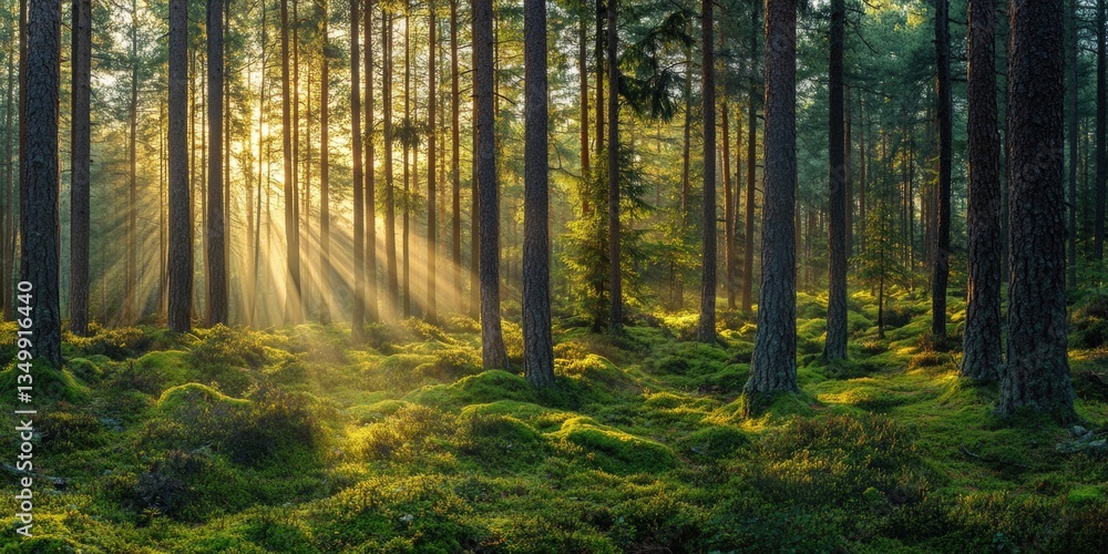 Naklejka premium Natural light shining through a forest, creating a serene and peaceful atmosphere.