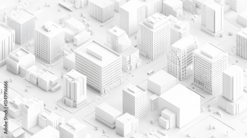 Fototapeta Naklejka Na Ścianę i Meble -  Abstract isometric view of a white city skyline with buildings, roads, and vehicles.