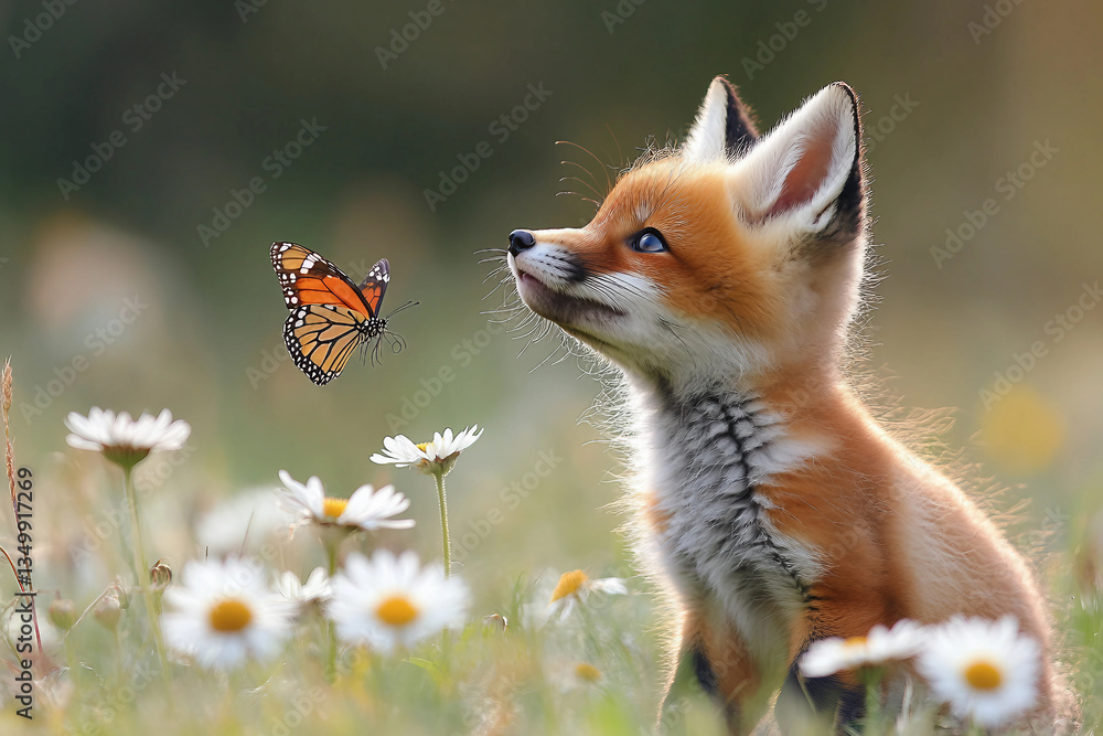 Obraz premium Adorable Fox Cub Watching Butterfly in Blooming Spring Field - Generative AI