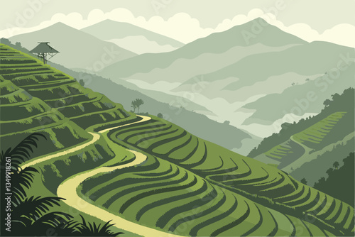 66 Majestic mountain landscape, winding roads, lush green terraced hills, misty valleys, aerial view, ethereal atmosphere, rice paddies, Southeast Asian scenery, dramatic lighting, verdant slopes, ser