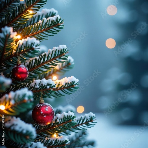 Wallpaper Mural Frosty spruce branches with snowflakes and Christmas lights, snowy evergreen trees, winter wonderland Torontodigital.ca