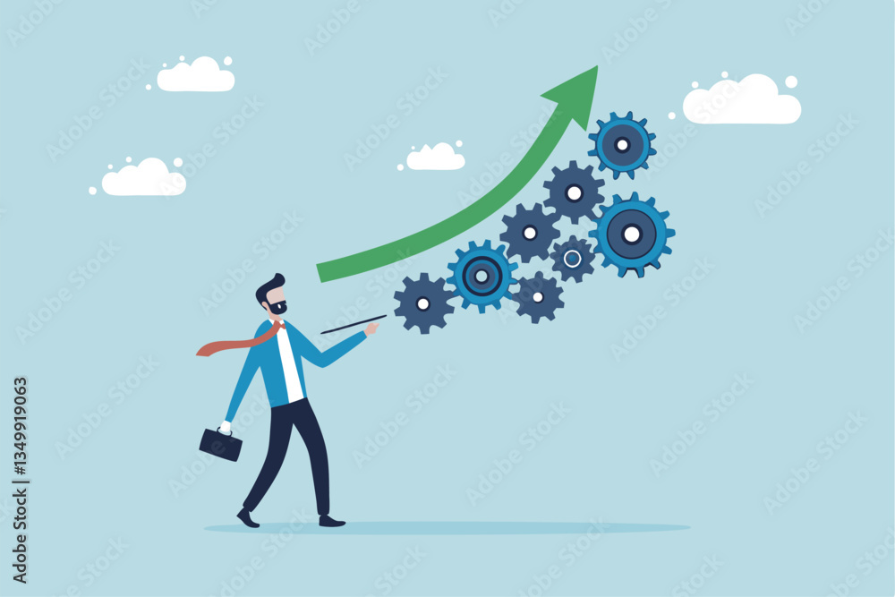 Growing efficiency, process improvement, increase development or productivity, working process, innovation or strategy for work efficiency concept, businessman work with laptop on increase efficiency. Growing efficiency, process improvement, increase development or productivity, working process, innovation or strategy for work efficiency concept, businessman work with laptop on increase efficiency.