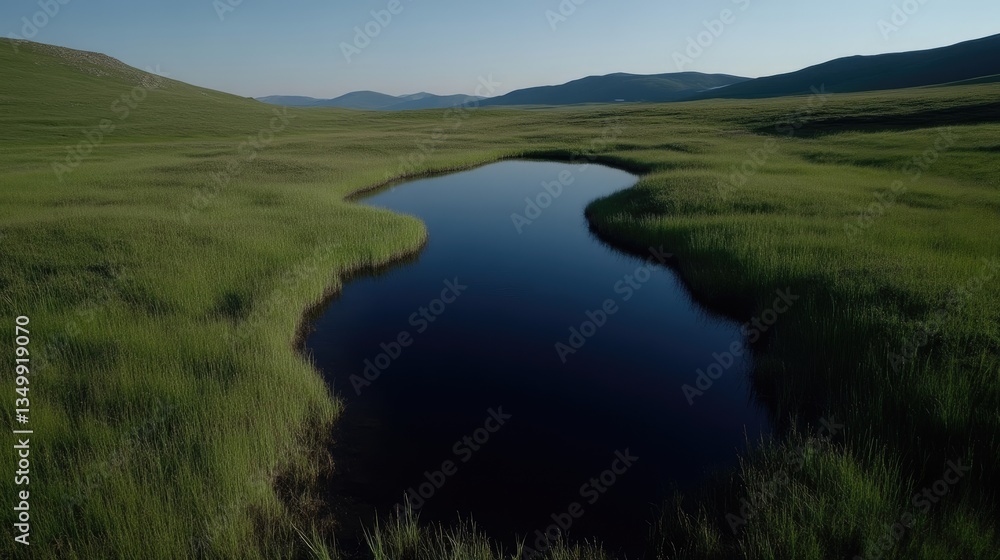 Serene alpine pond nestled in a verdant meadow. A tranquil landscape Serene alpine pond nestled in a verdant meadow. A tranquil landscape