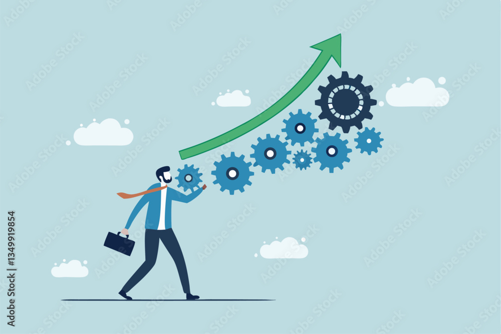 Growing efficiency, process improvement, increase development or productivity, working process, innovation or strategy for work efficiency concept, businessman work with laptop on increase efficiency. Growing efficiency, process improvement, increase development or productivity, working process, innovation or strategy for work efficiency concept, businessman work with laptop on increase efficiency.