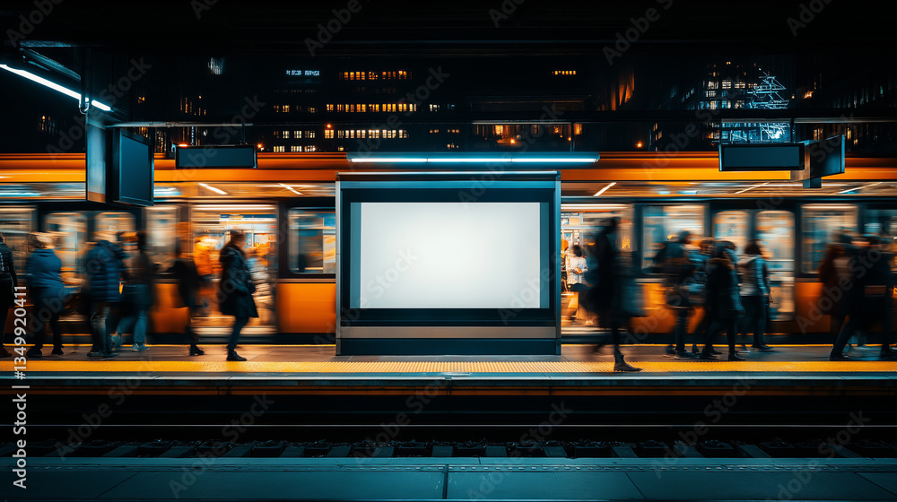 Obraz premium Concept Busy Metro Station at Night with Blank Billboard for Advertising Mockup in Urban City Setting with Blurred Commuters and Train in Background, Perfect for Marketing and Design Projects