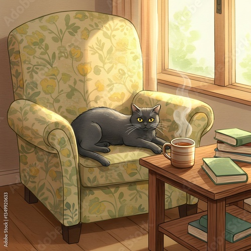 Warm and Inviting Watercolor Reading Nook with a Relaxed Cat and Steaming Tea.