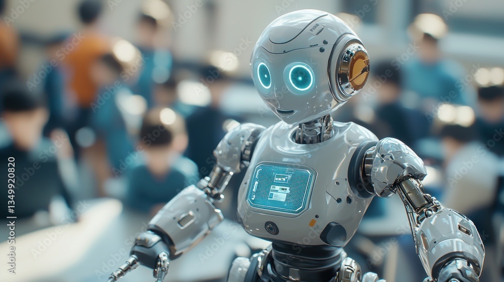 Fototapeta premium Friendly Robot in Classroom Setting: Future of Education