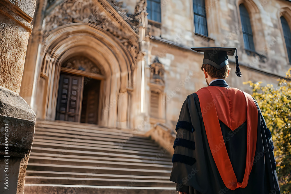 Naklejka premium Graduate in Academic Gown at University Entrance