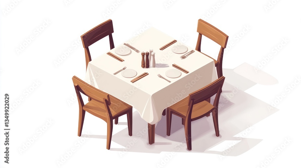 Isometric Square Dining Table with Chairs. Illustration of a Restaurant Setting Isometric Square Dining Table with Chairs. Illustration of a Restaurant Setting